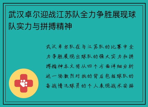 武汉卓尔迎战江苏队全力争胜展现球队实力与拼搏精神